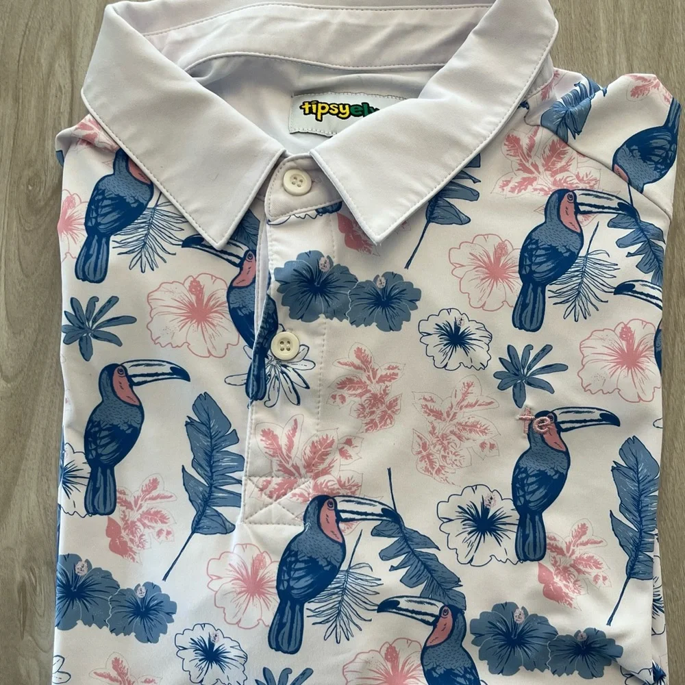 Tipsy Elves Toucan Tango Performance Polo Shirt Men's 2XL Hawaiian Short Sleeve‎
